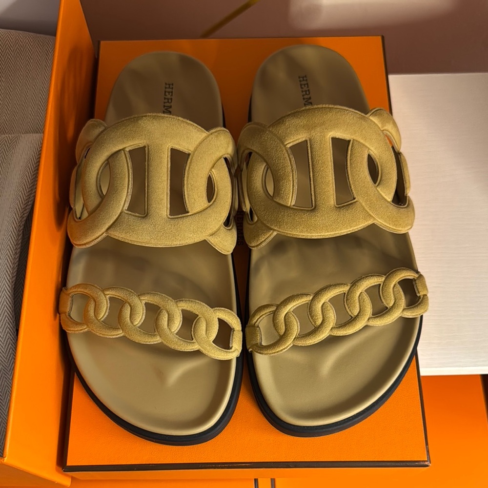 Hermes Extra Sandals in Tan Suede 38.5